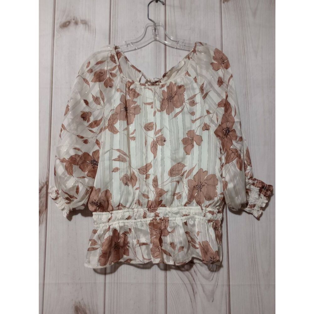 Lush Shirt Ladies Medium White Tan Floral Semi Sheer Sleeves Light Weight